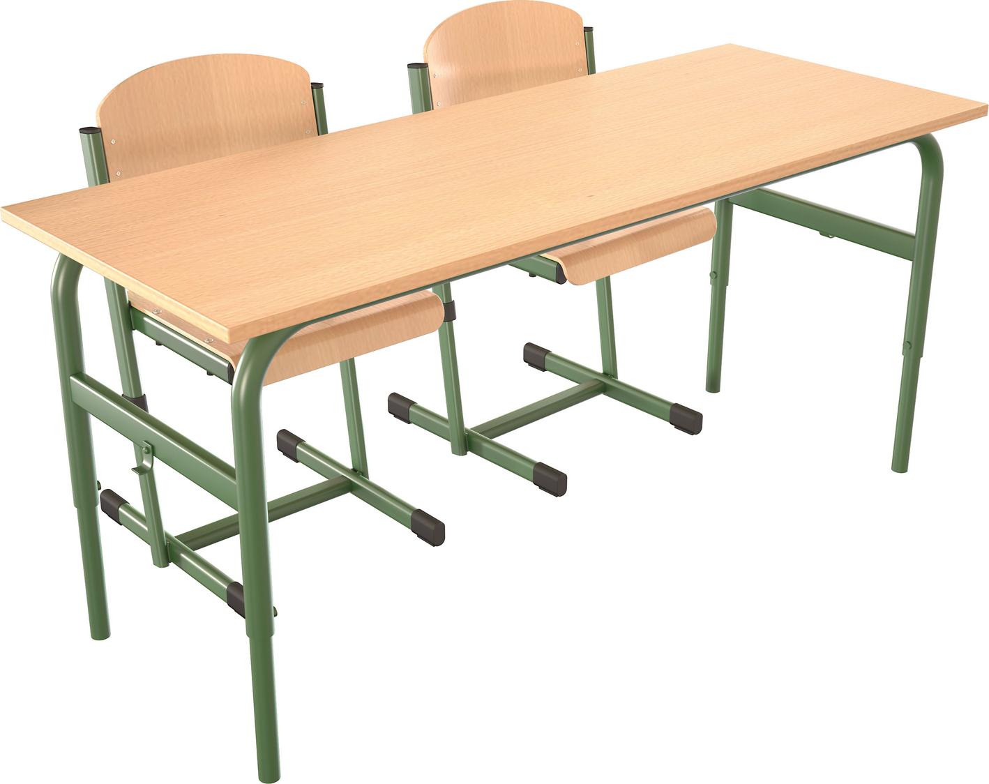 Doppeltisch mit Stühlen für Schüler, höhenverstellbar, stabil.