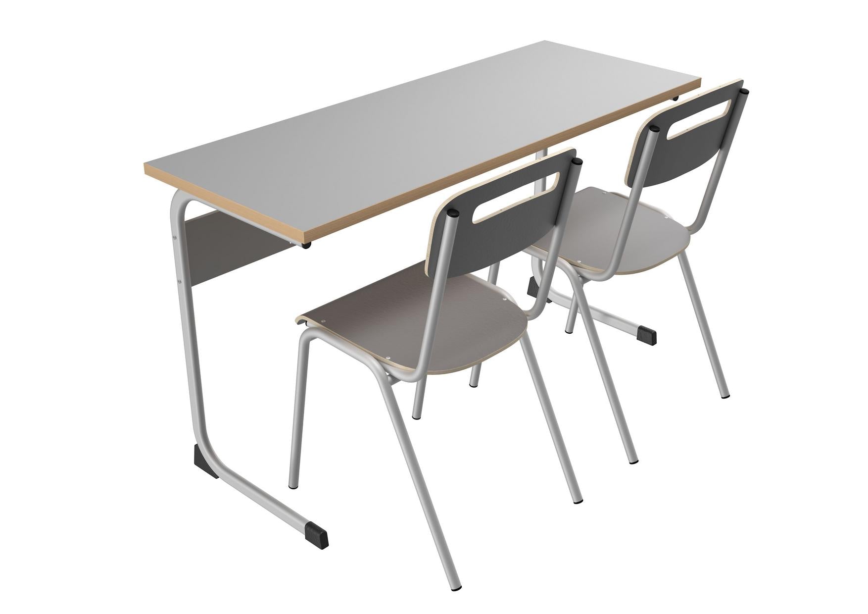 Schüler-Doppel-Kufentisch mit Kufenstühlen, alufarben, grau, stabil.