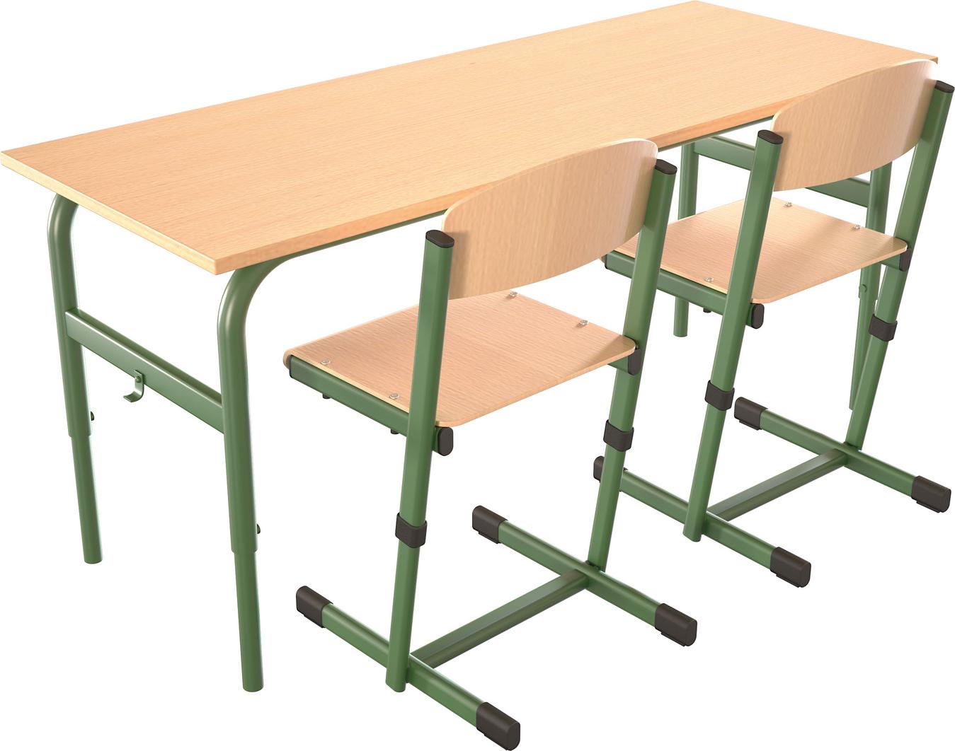 Höhenverstellbarer Doppeltisch mit Stühlen für Schüler, stabil.
