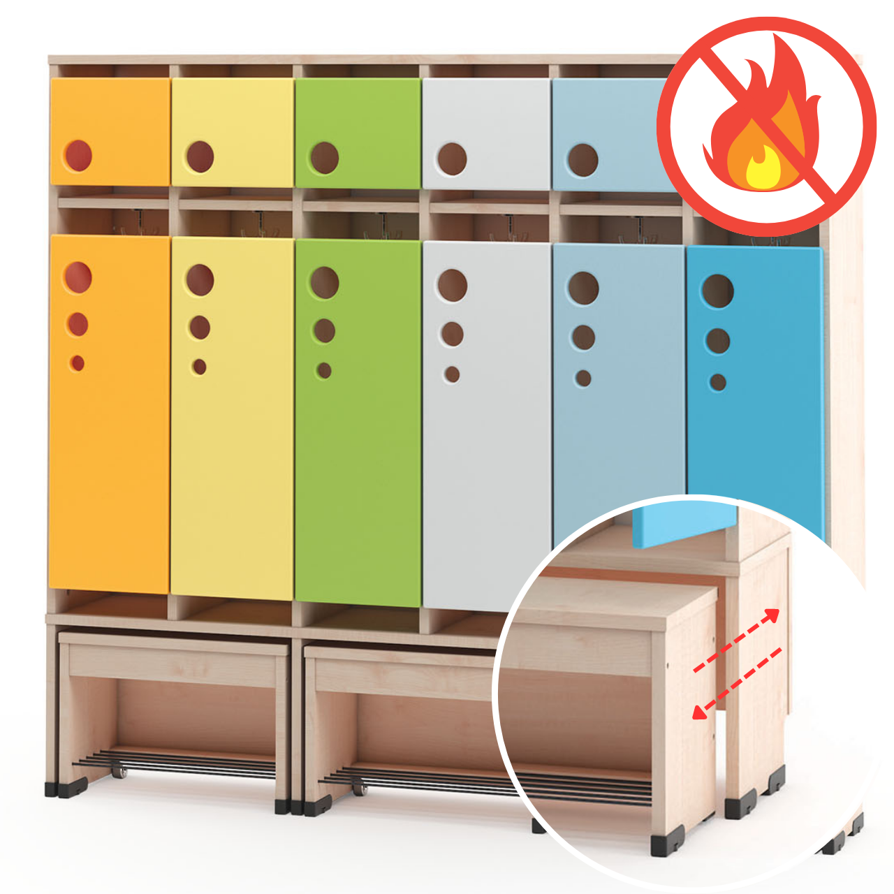 Garderobe Bubble-Serie mit ausziehbarer Bank, schwer entflammbar Konfigurierbar - versch. Farben und Größen