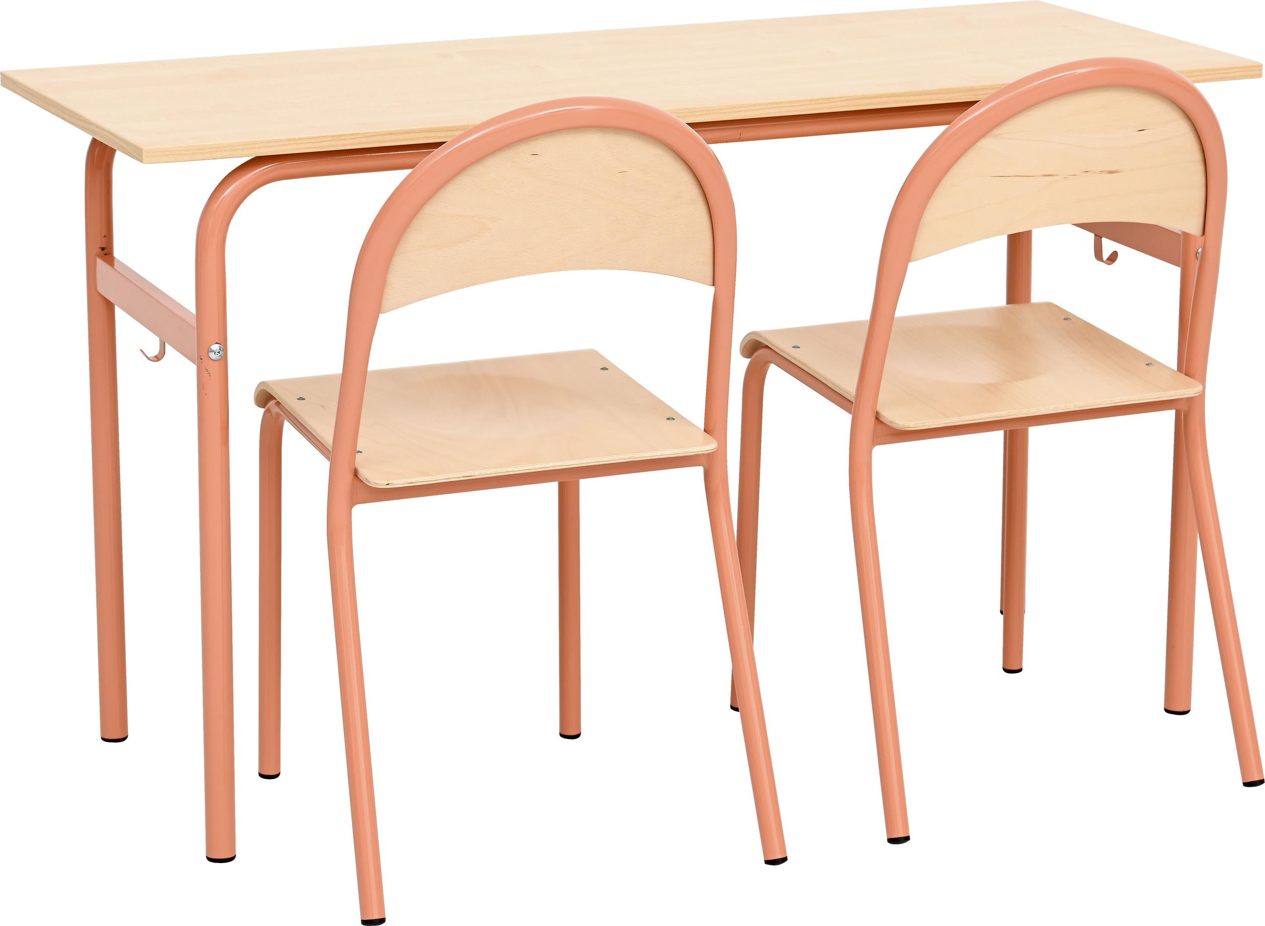 Doppeltisch mit zwei Stühlen in apricot für Schüler.