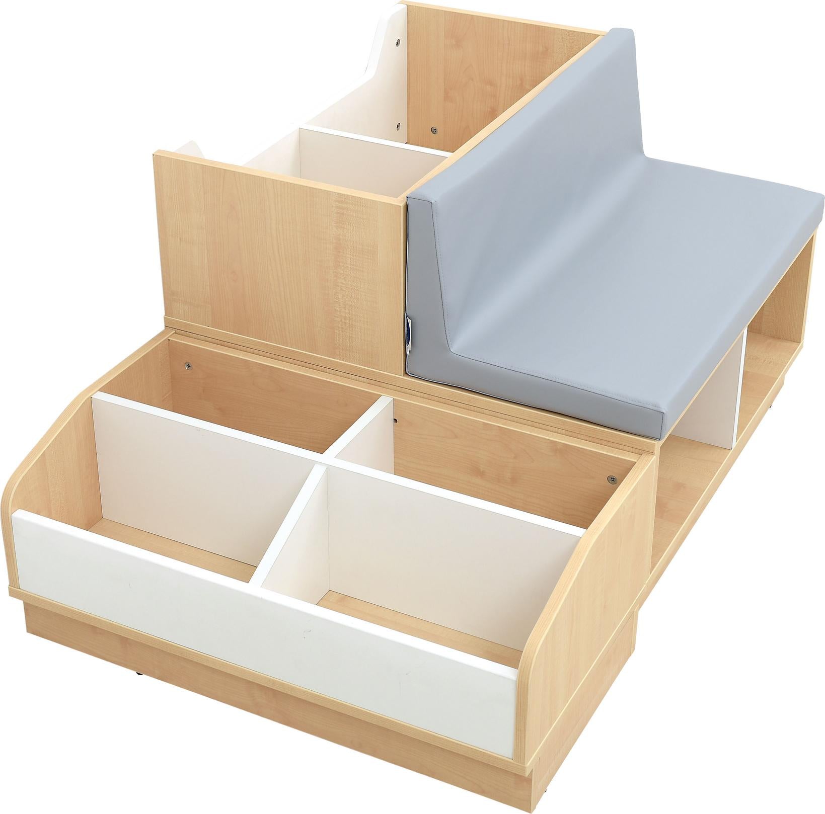 Bücherbank mit Sitz für Leseecke, praktische Aufbewahrung. - Produkt wird im Kindergarten oder Schule genutzt.