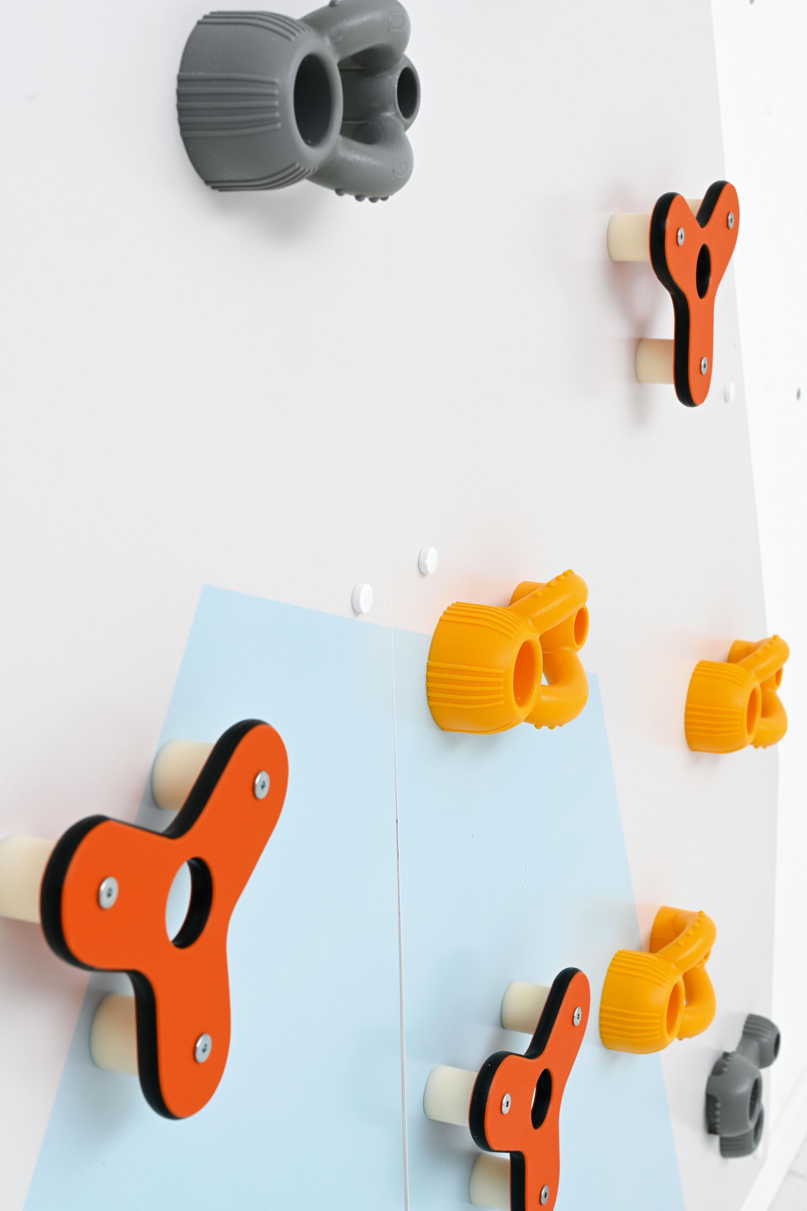 Bunte Klettergriffe montiert auf Kletterwand für Kita.