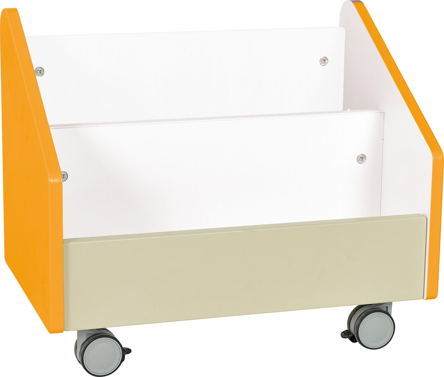 Bunter Rollbehälter auf Rollen für Bücher und Spielzeug. - Produkt wird im Kindergarten oder Schule genutzt.