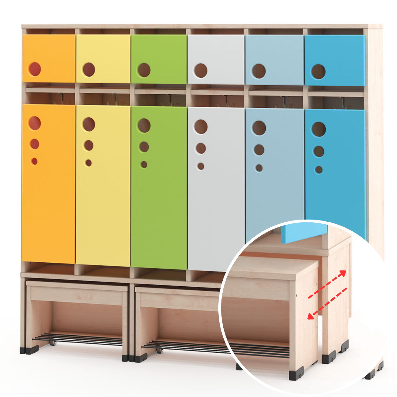 Garderobe Bubble-Serie mit ausziehbarer Bank, Konfigurierbar - versch. Farben und Größen. Geeignet für Kita, Kindergarten und Schule.