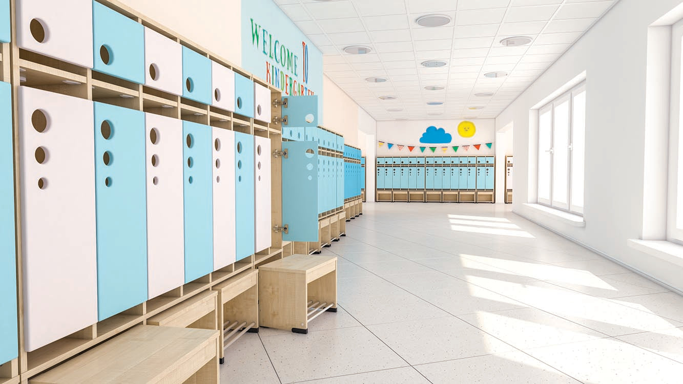 Garderobe Bubble-Serie mit ausziehbarer Bank, schwer entflammbar Konfigurierbar - versch. Farben und Größen. Geeignet für Kita, Kindergarten und Schule.