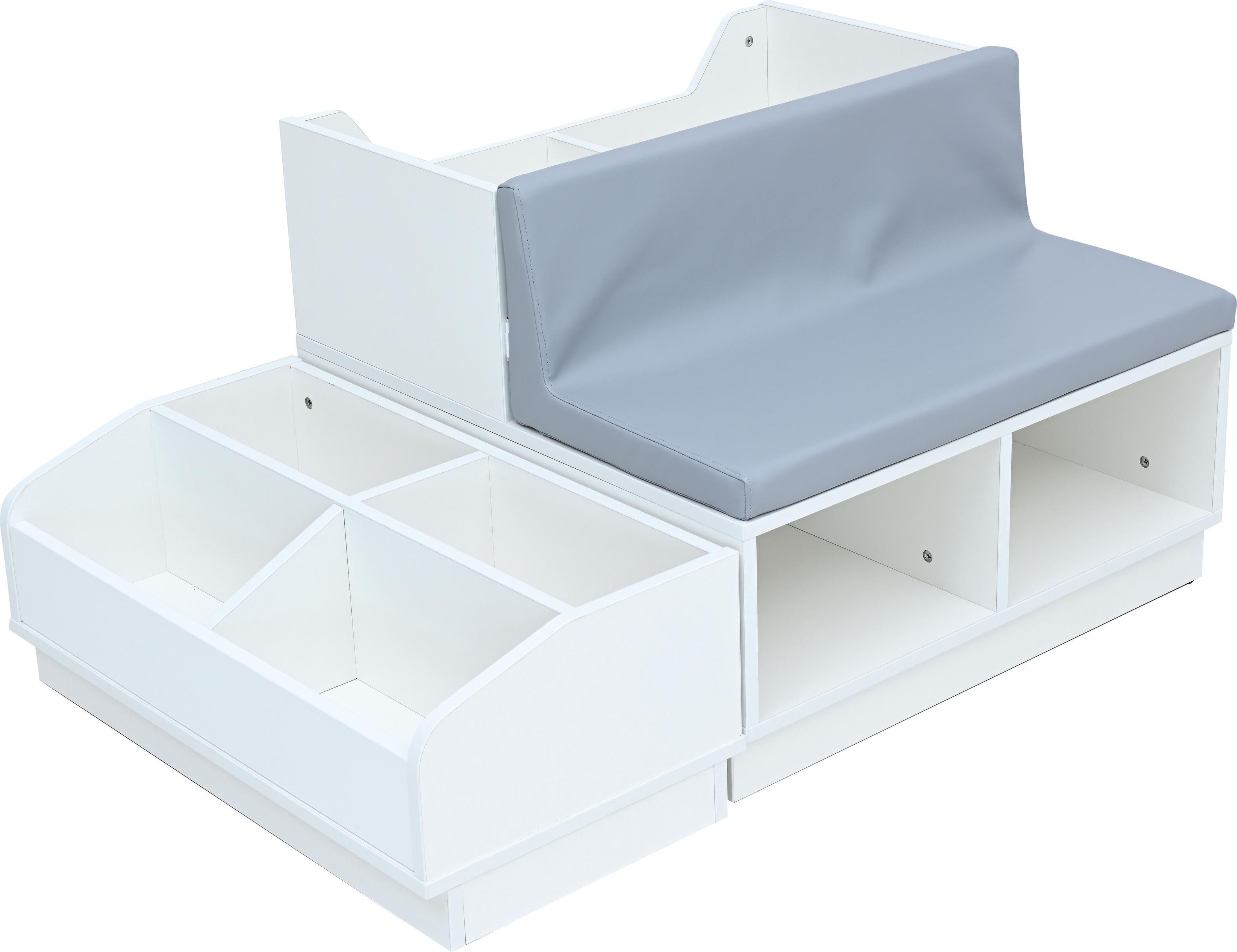 Kompakte Bücherbank für gemütliche Leseecke in Kitas. - Produkt wird im Kindergarten oder Schule genutzt.