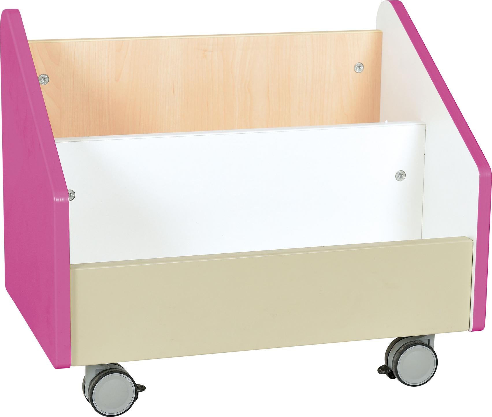 Rollbehälter für Bücher mit buntem Design und Rollen. - Produkt wird im Kindergarten oder Schule genutzt.