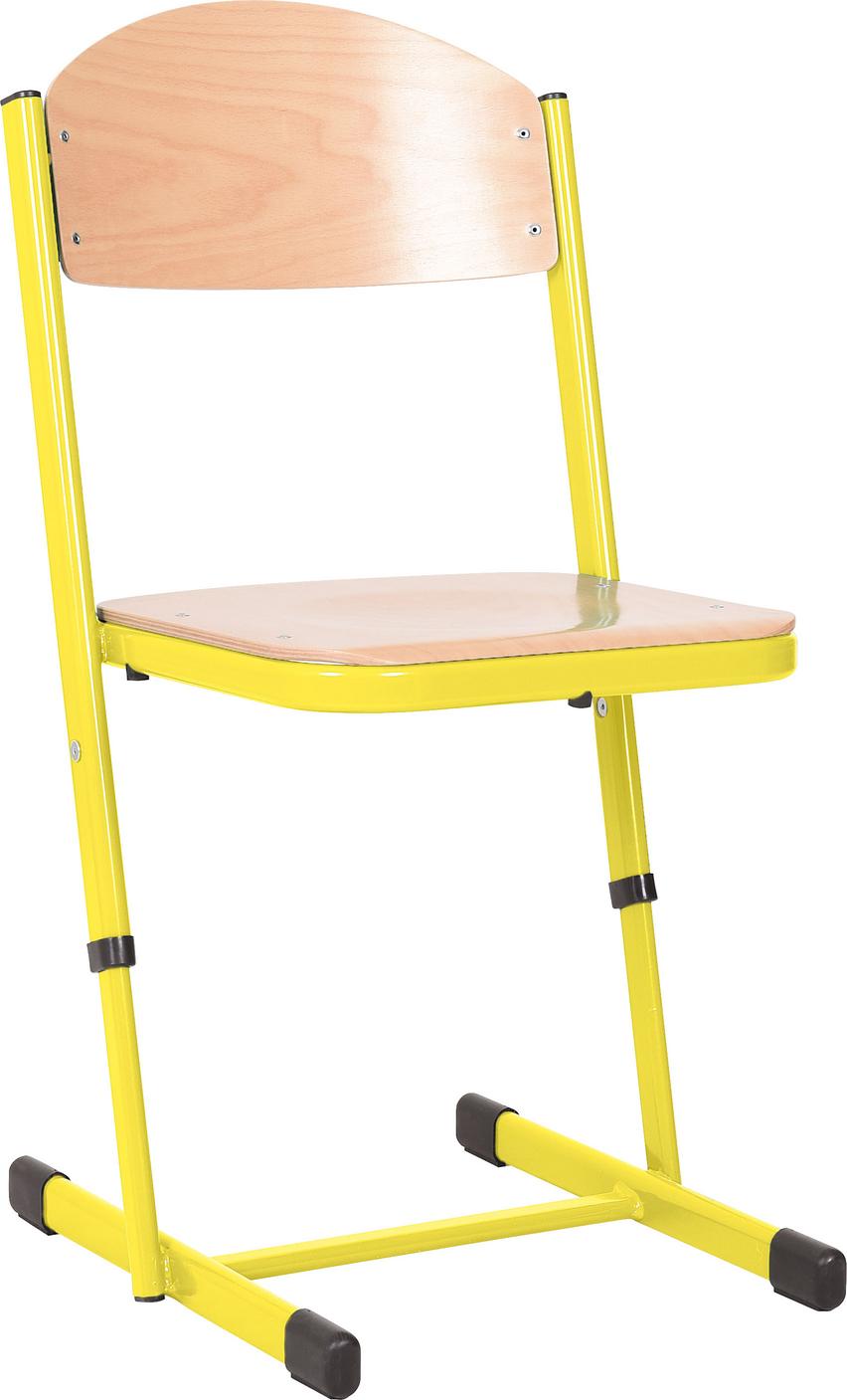 Schüler-Kufenstuhl, Holzsitz, gelbes Metallgestell, robuster Schulalltagstuhl.