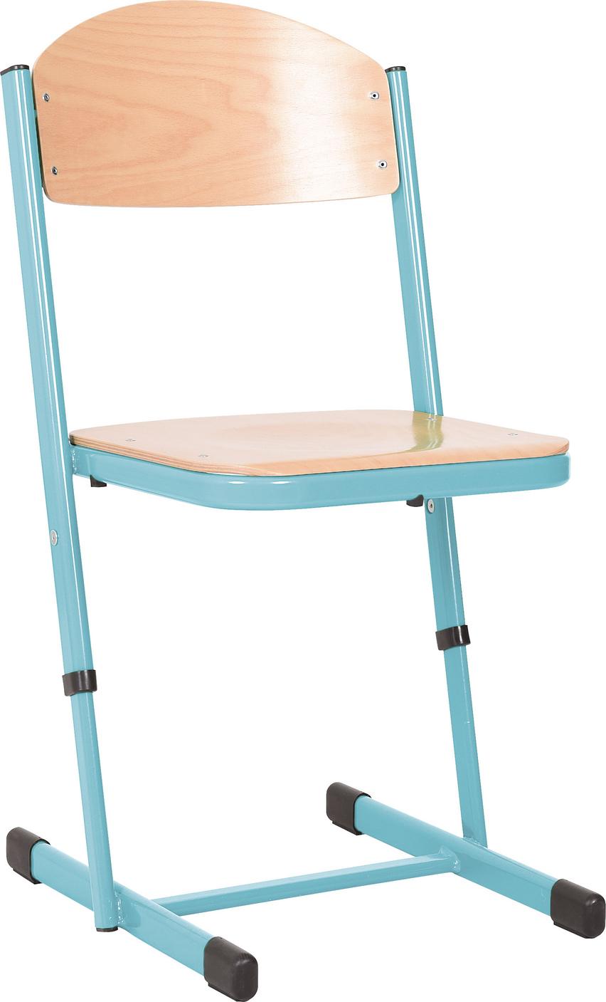 Schüler-Kufenstuhl mit Holzsitz, blaues Metallgestell, robust.
