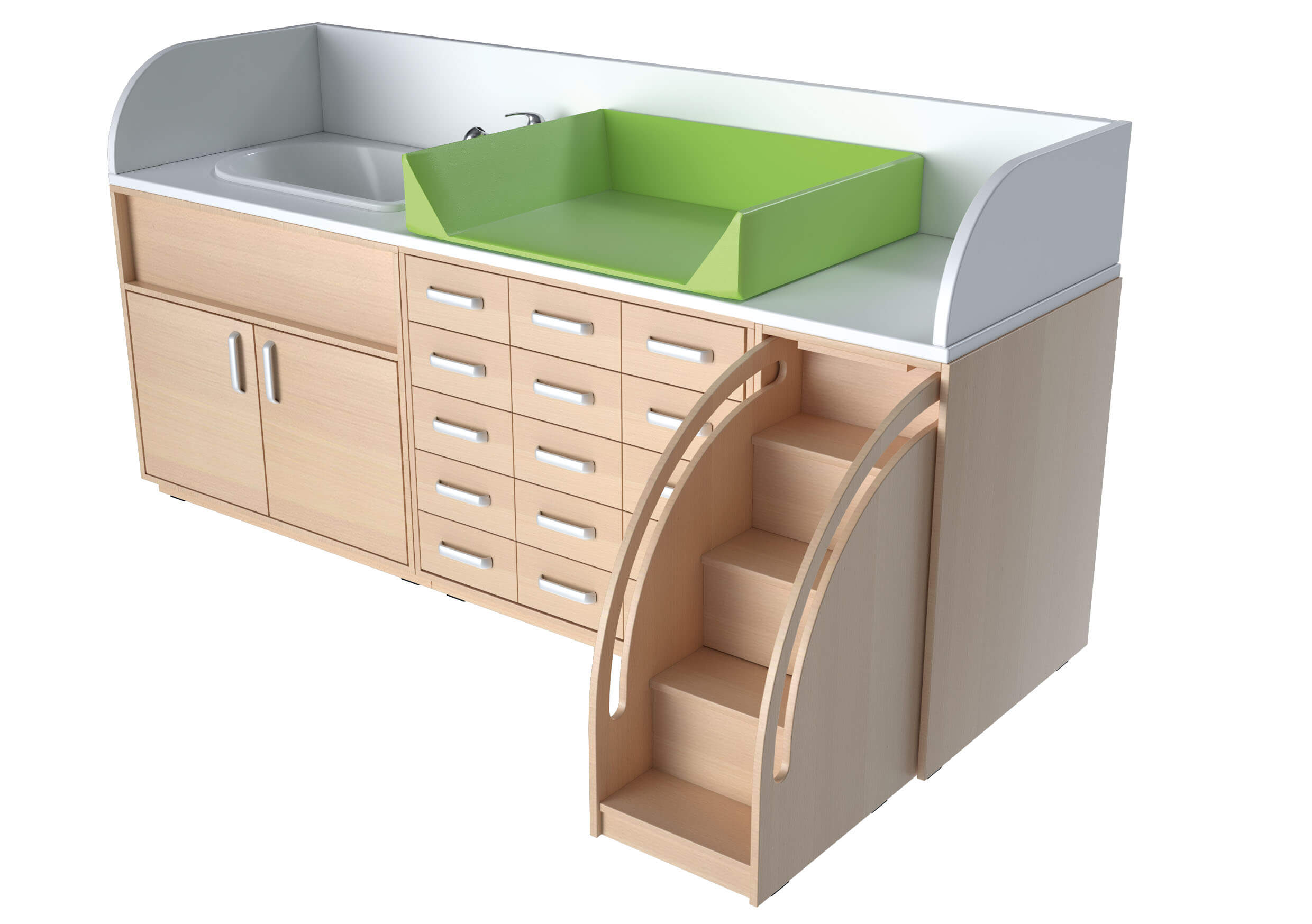 Wickelkommoden-Landschaft XXL mit Treppe und Waschbecken/Badewanne. Geeignet für die Krippe, Kita & Kindergarten.