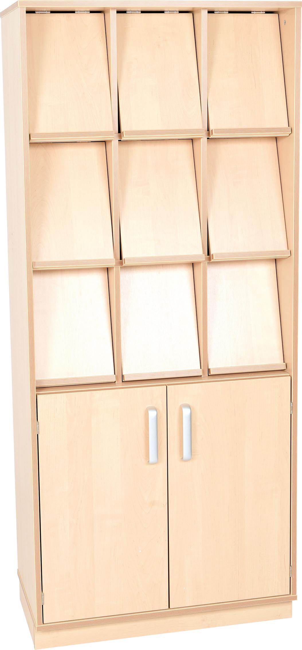 Zeitschriftenregal mit Schrank, ideal für Bildungseinrichtungen. - Produkt wird im Kindergarten oder Schule genutzt.