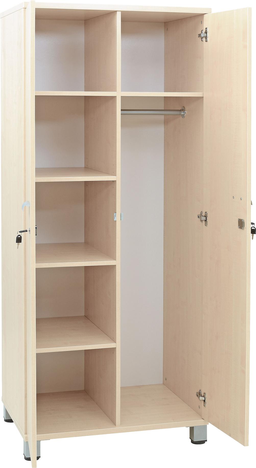 Kleiderschrank mit Fächern und Kleiderstange, ideal für Erzieher.