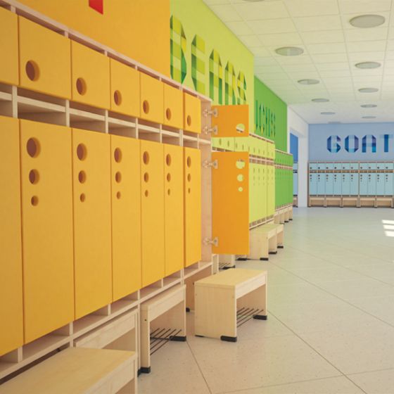 Garderobe Bubble-Serie mit ausziehbarer Bank, Konfigurierbar - versch. Farben und Größen. Geeignet für Kita, Kindergarten und Schule.