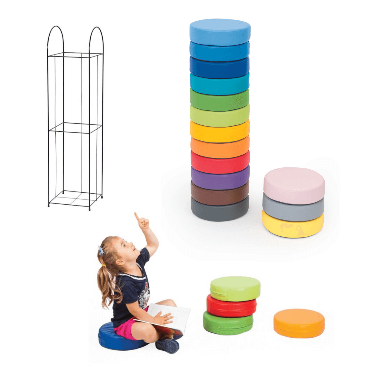 Coussin d'assise rond (diamètre : 30 x hauteur : 8 cm) en simili cuir avec un cadre pour le rangement - différents coloris